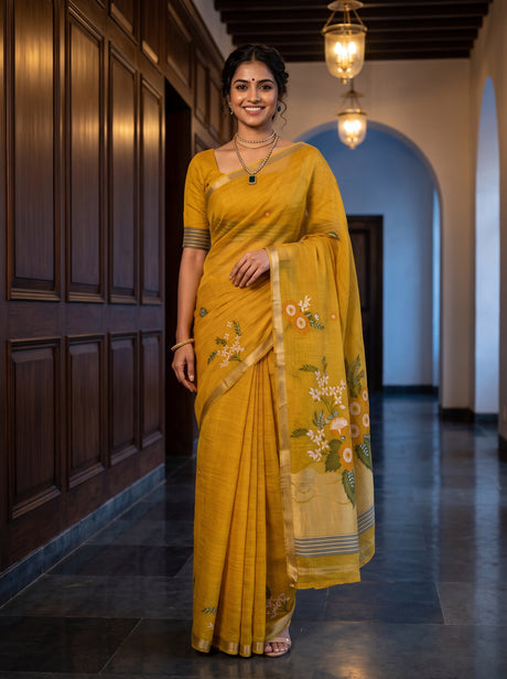 MIMOSA Gold Saree Saree — front view on mannequin