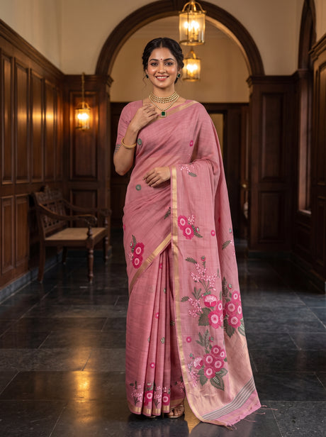 MIMOSA Pink Saree Saree — front view on mannequin
