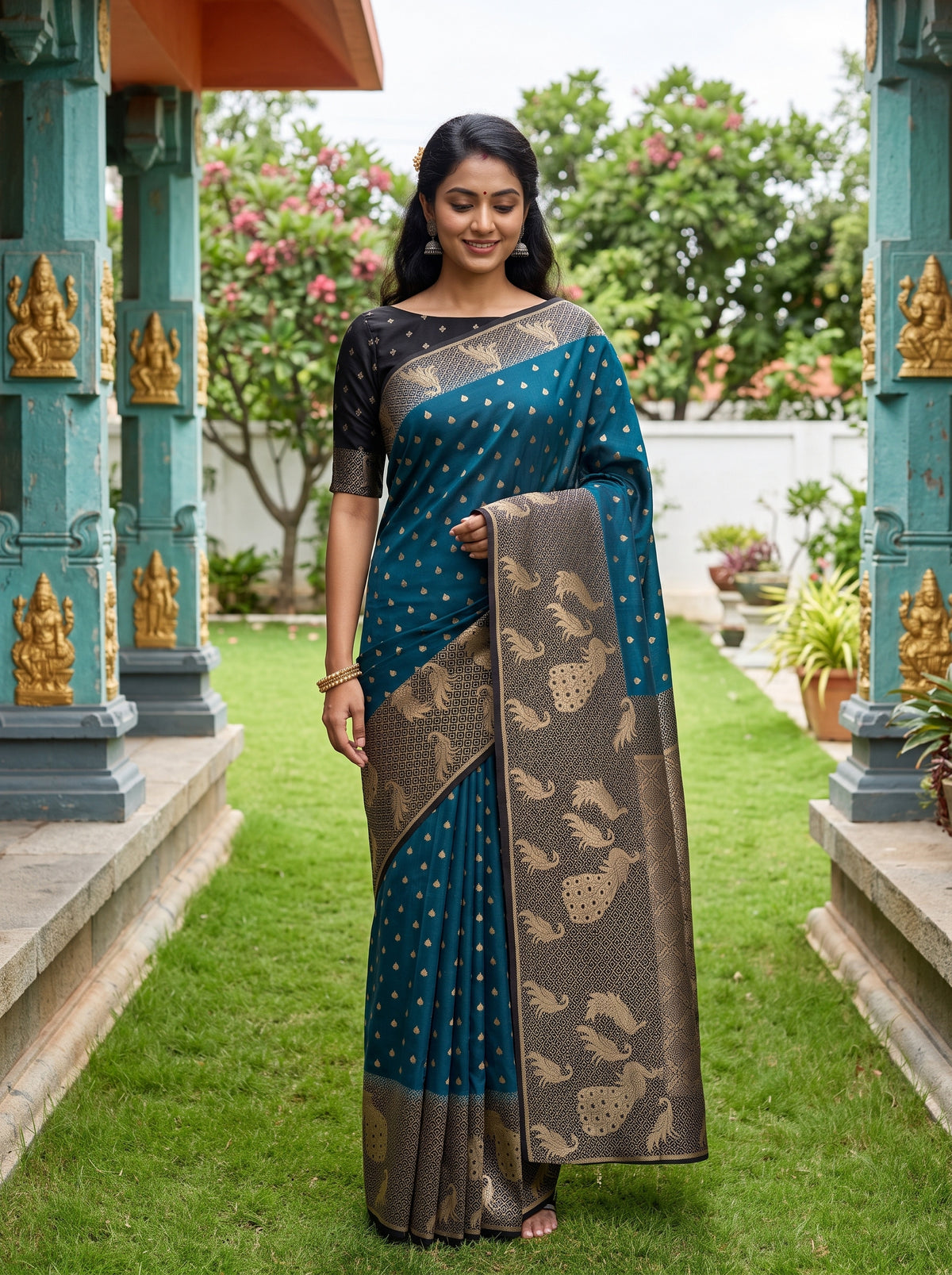 MIMOSA Blue Mysore Silk Crepe Saree — Model wearing saree