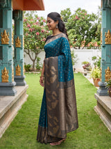 MIMOSA Blue Mysore Silk Crepe Saree — pose 3 styling detail