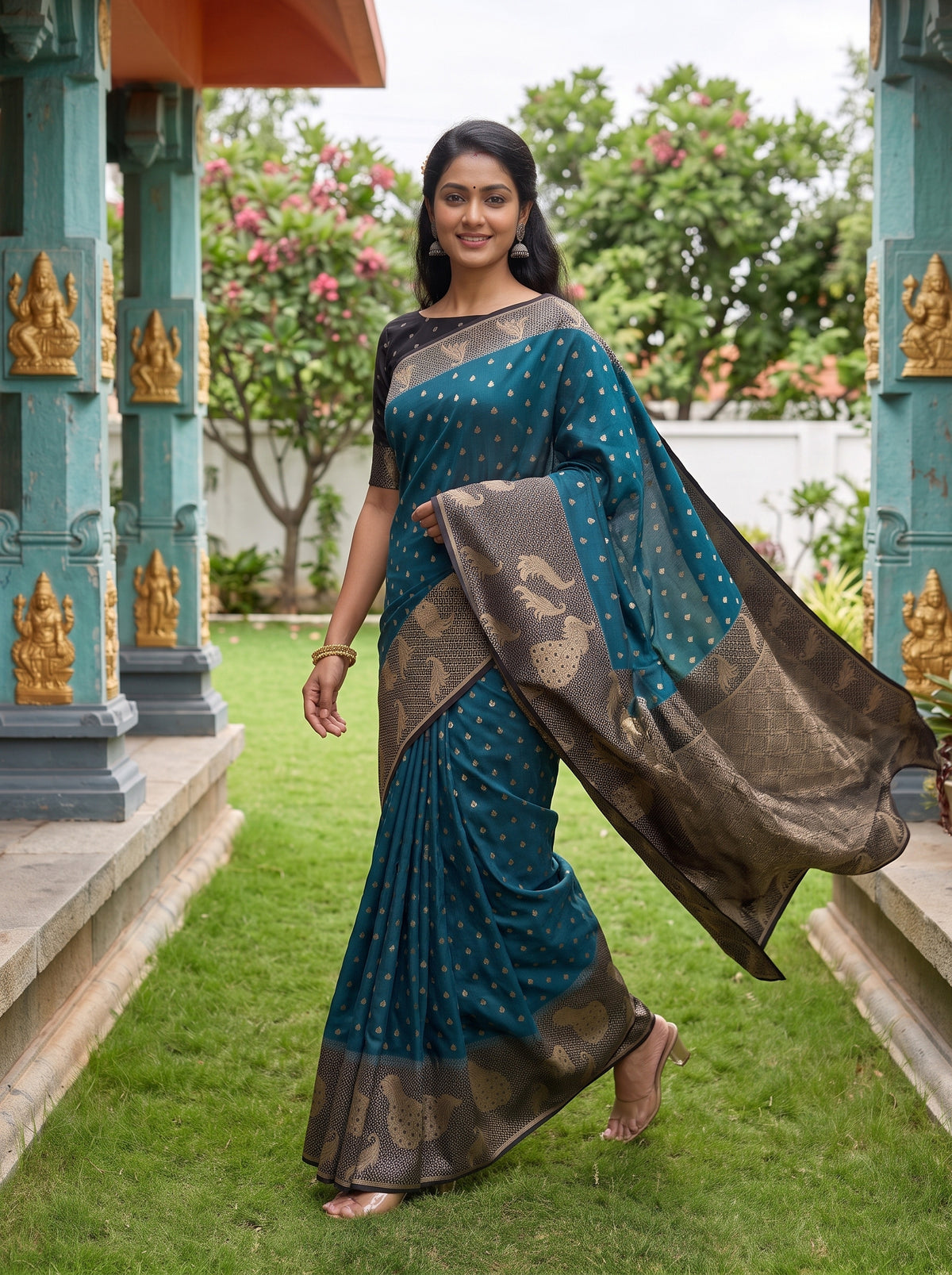 MIMOSA Blue Mysore Silk Crepe Saree — pose 6 styling detail