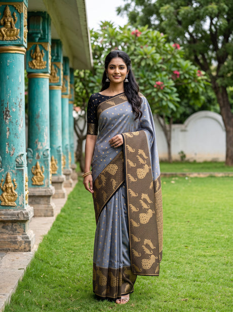 MIMOSA Grey Mysore Silk Crepe Saree — Model wearing saree