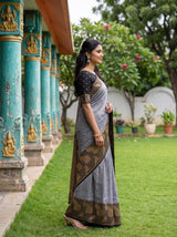 MIMOSA Grey Mysore Silk Crepe Saree — Pallu and body detail