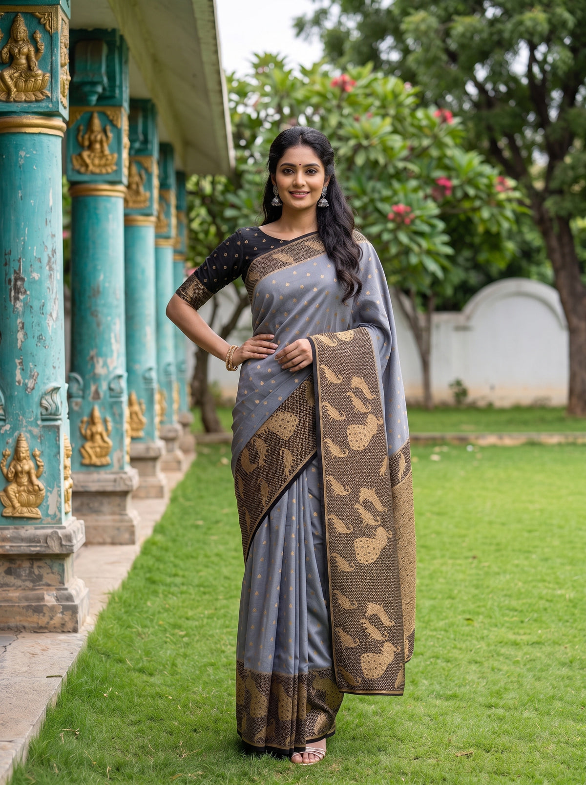 MIMOSA Grey Mysore Silk Crepe Saree — pose 4 styling detail