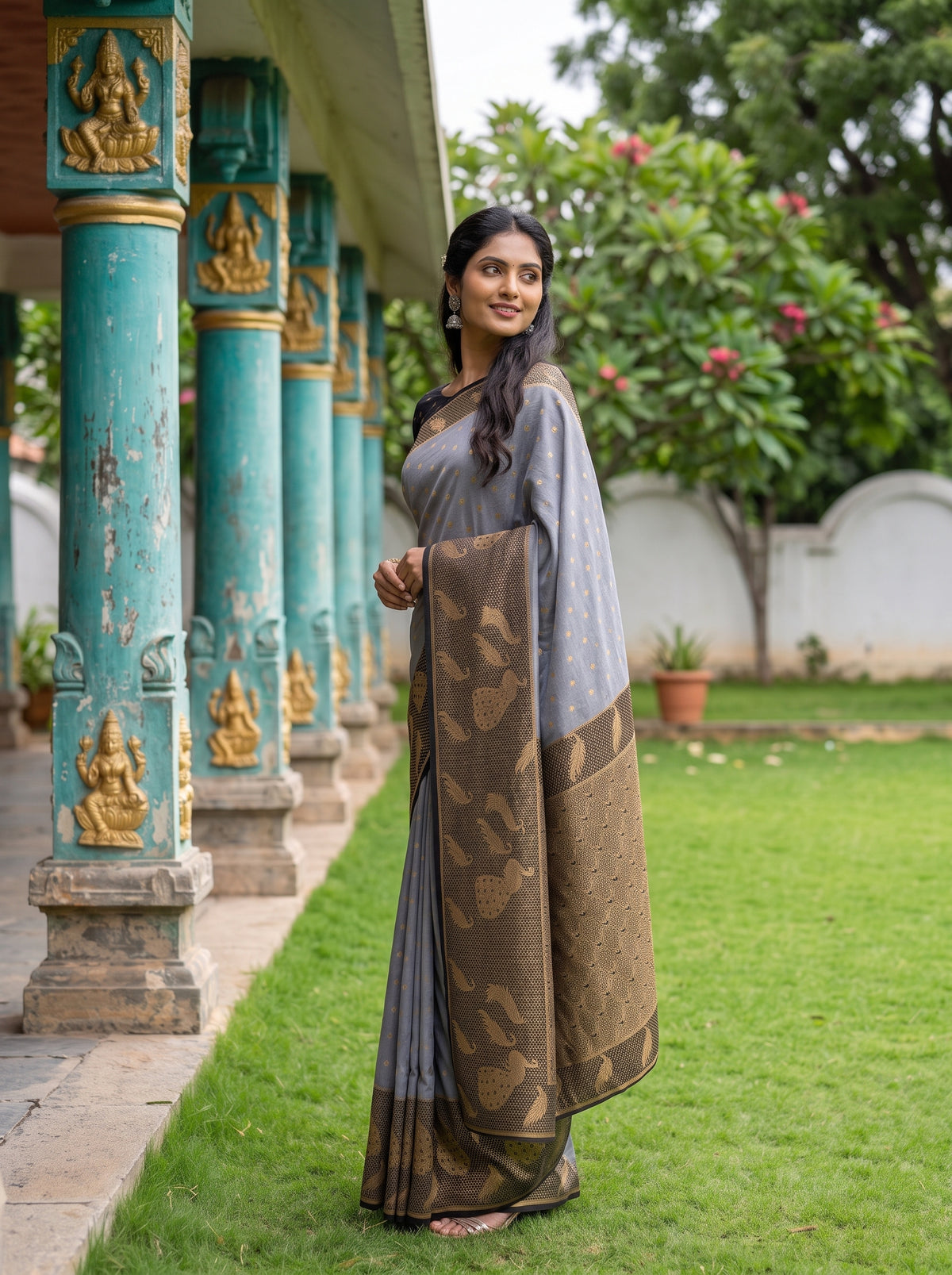 MIMOSA Grey Mysore Silk Crepe Saree — pose 5 styling detail