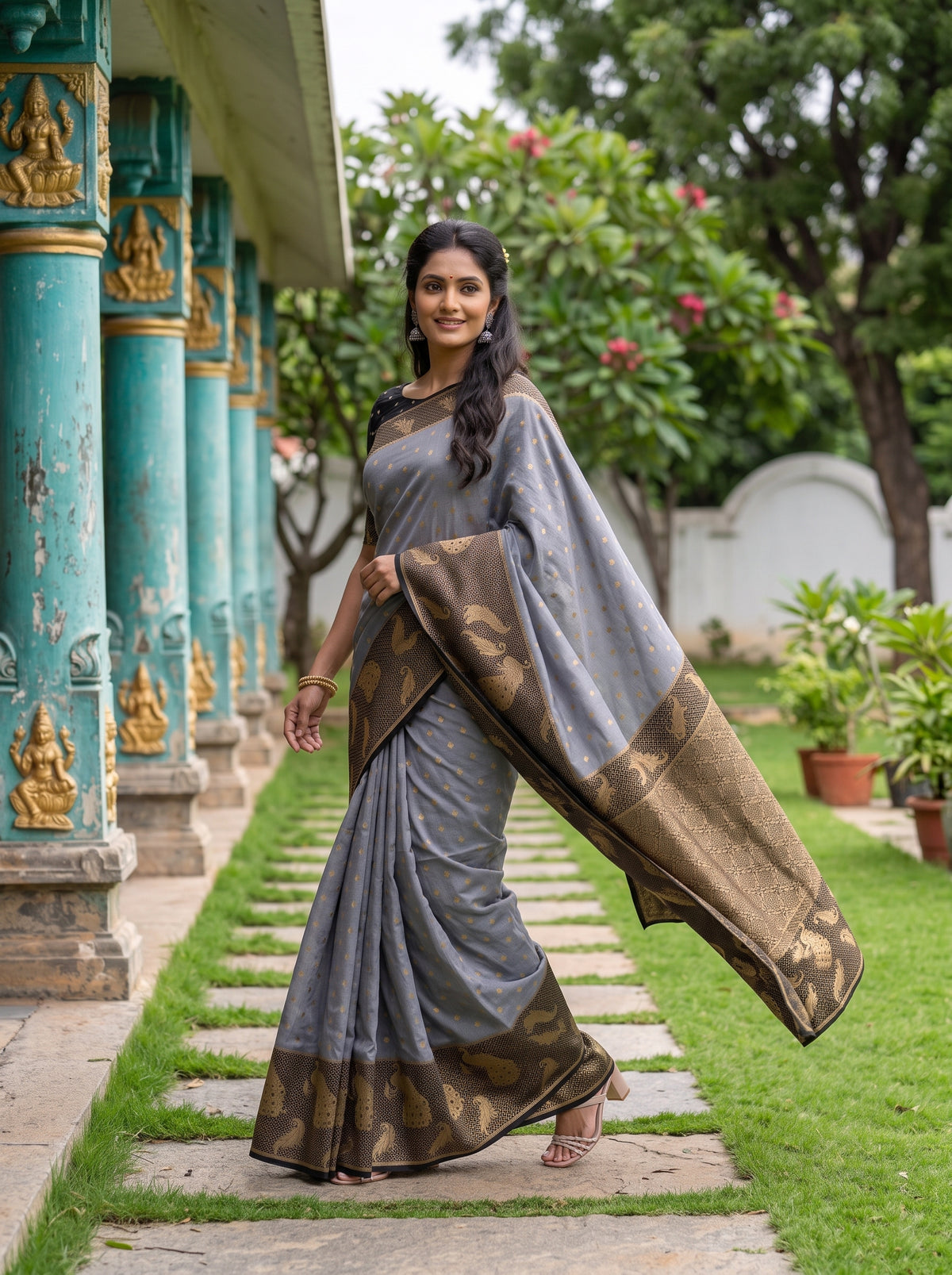 MIMOSA Grey Mysore Silk Crepe Saree — pose 6 styling detail