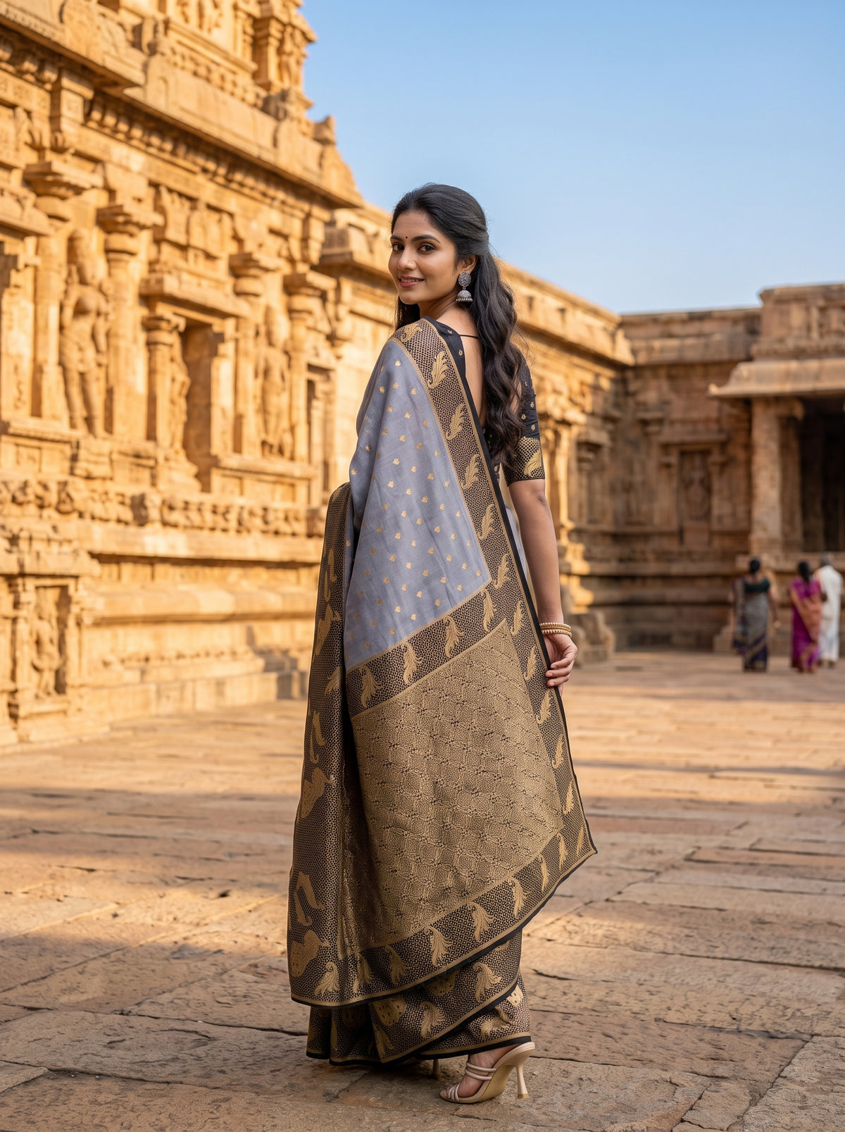 MIMOSA Grey Mysore Silk Crepe Saree — pose 7 styling detail
