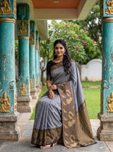 MIMOSA Grey Mysore Silk Crepe Saree — pose 8 styling detail