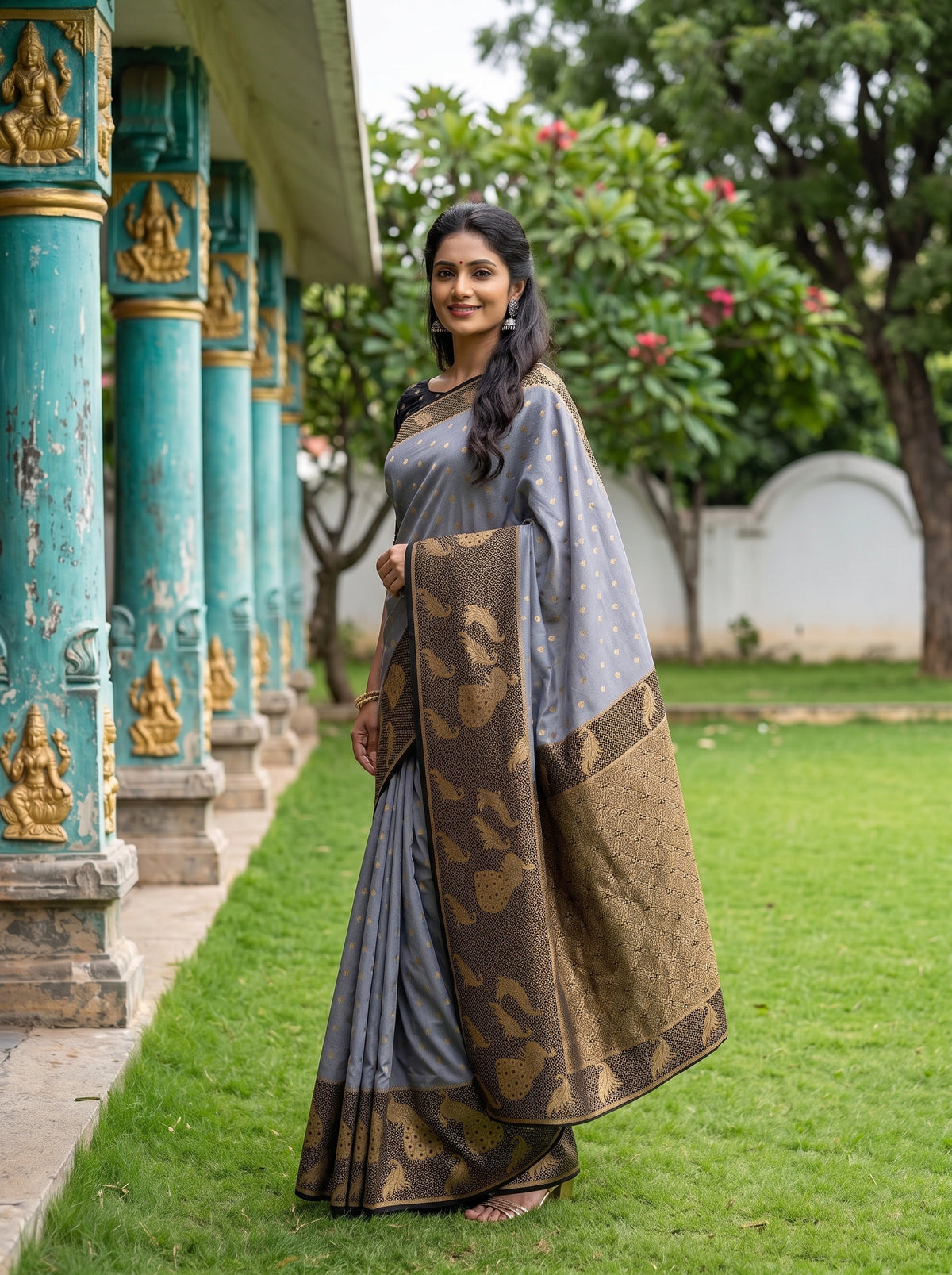 MIMOSA Grey Mysore Silk Crepe Saree — pose 9 styling detail