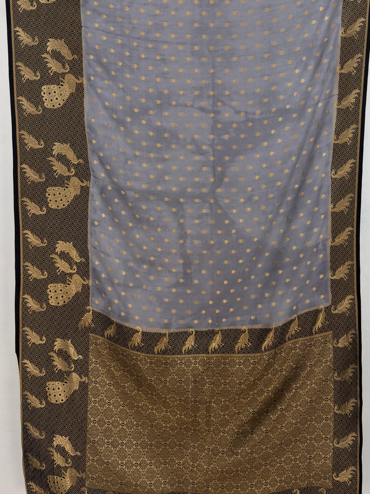 MIMOSA Grey Mysore Silk Crepe Saree — pallu and zari work detail