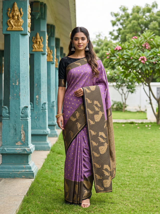 MIMOSA Lavender Mysore Silk Crepe Saree — Model wearing saree