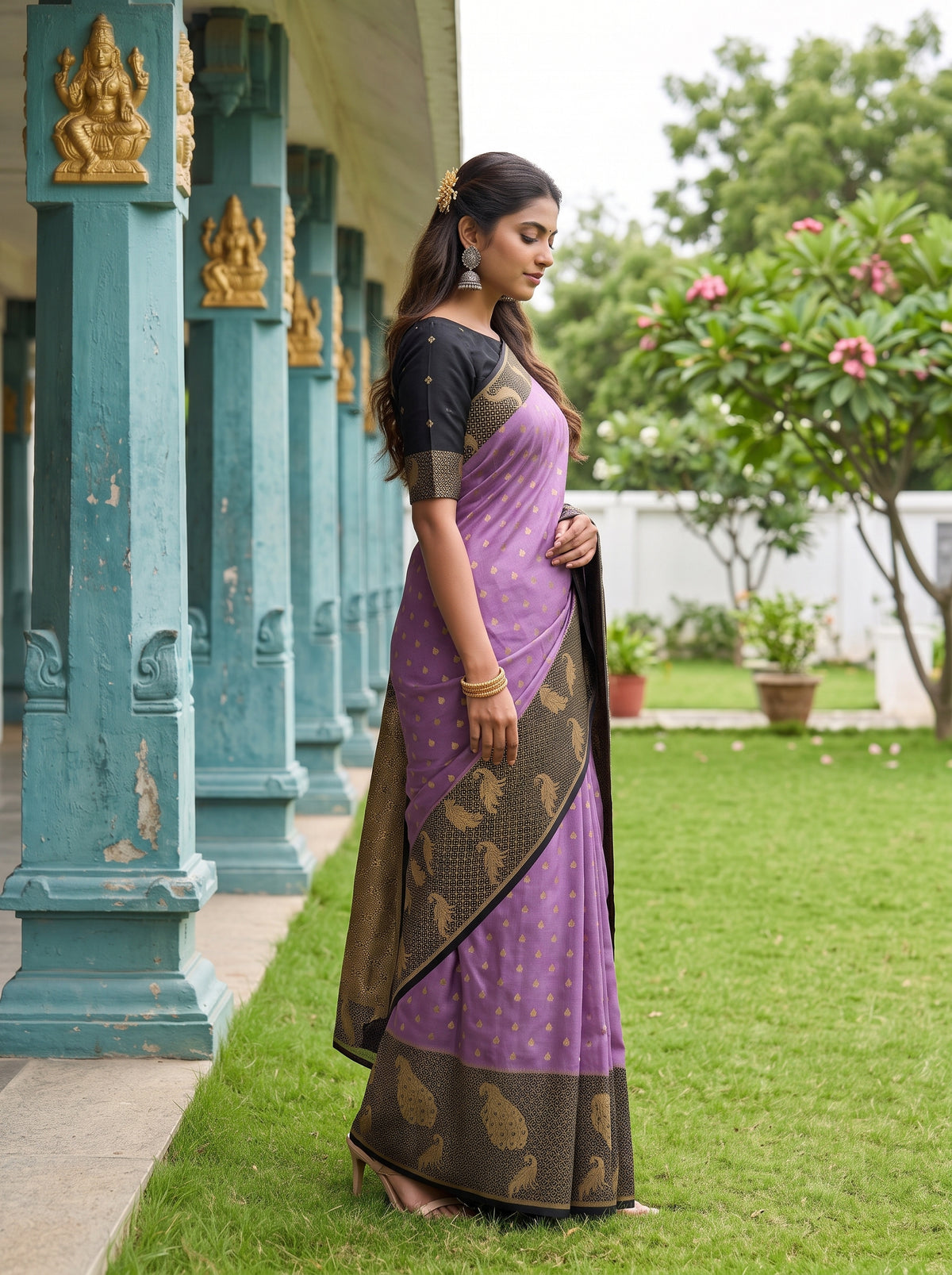 MIMOSA Lavender Mysore Silk Crepe Saree — pose 3 styling detail