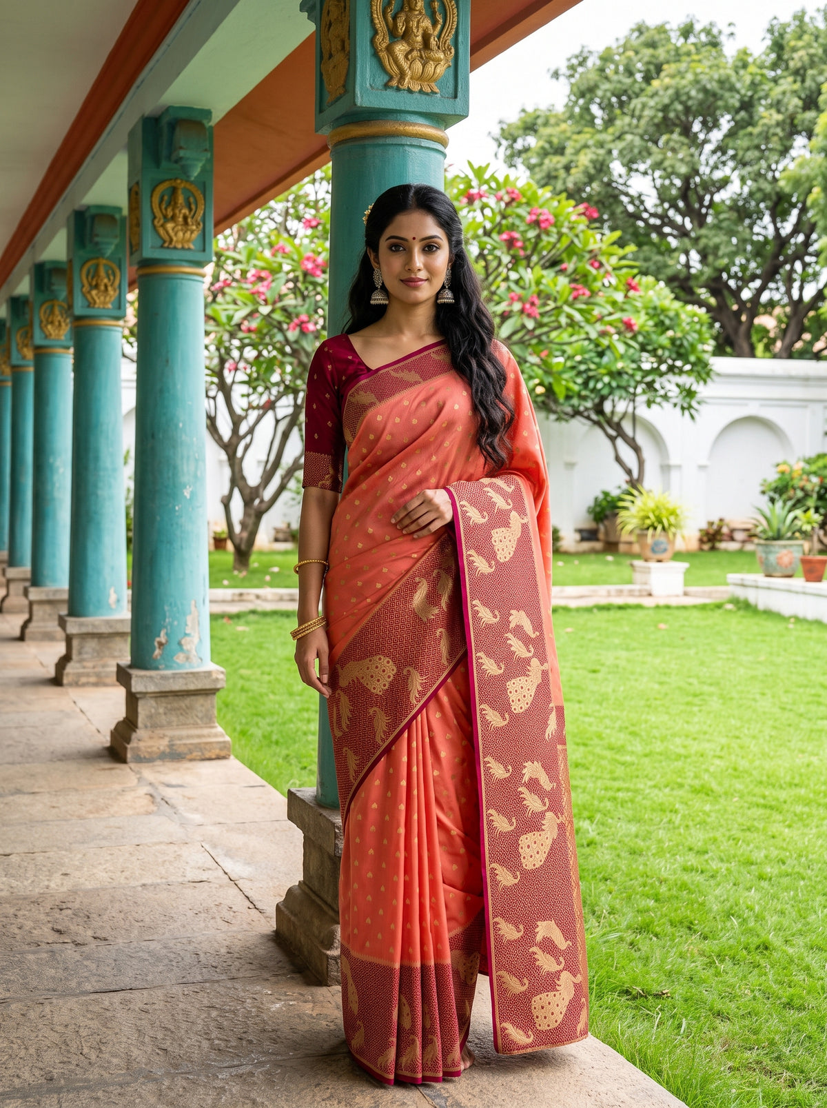 MIMOSA Peach Mysore Silk Crepe Saree — Model wearing saree