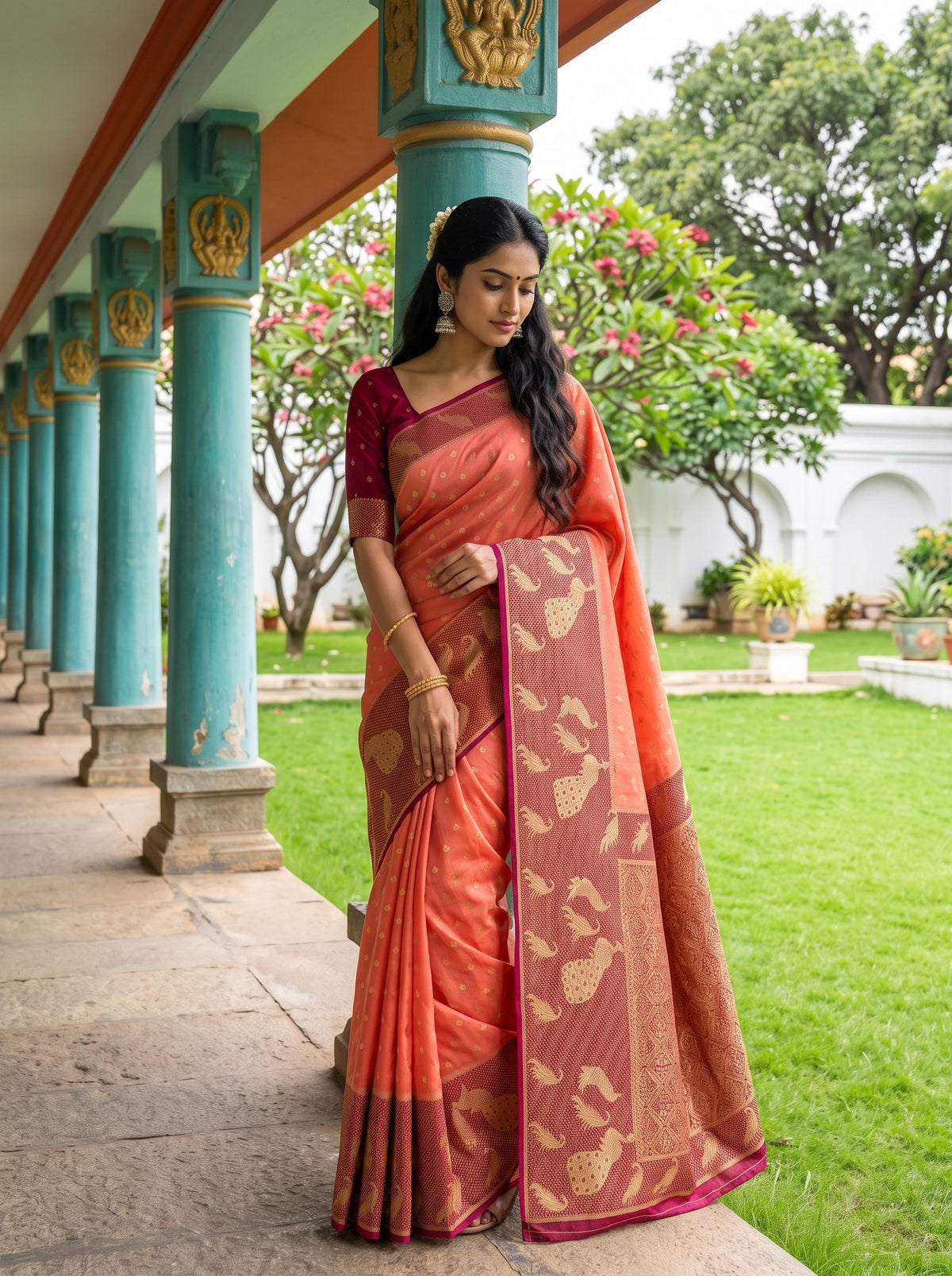 MIMOSA Peach Mysore Silk Crepe Saree — pose 10 styling detail