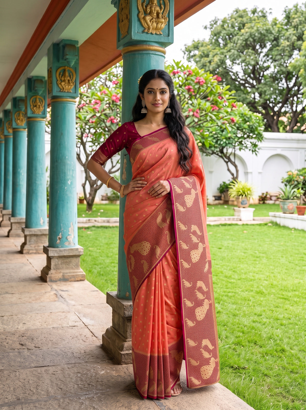 MIMOSA Peach Mysore Silk Crepe Saree — pose 4 styling detail