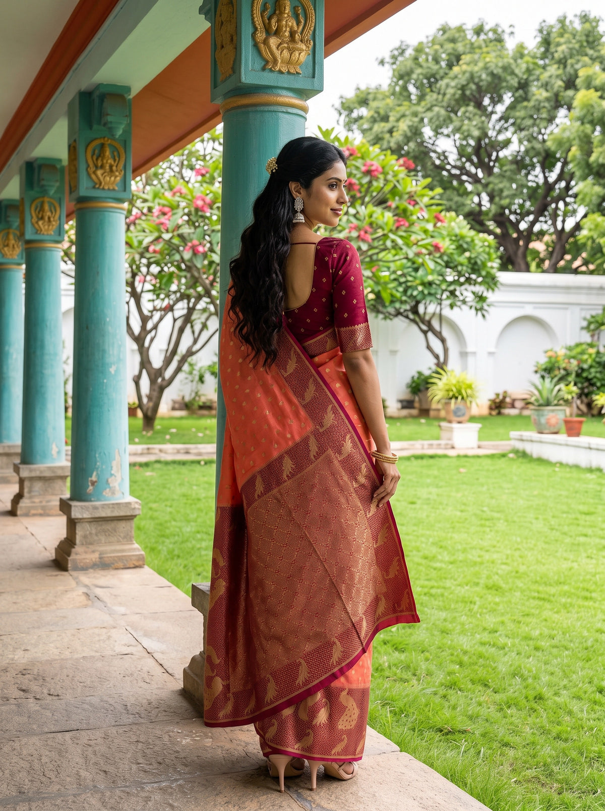 MIMOSA Peach Mysore Silk Crepe Saree — pose 7 styling detail