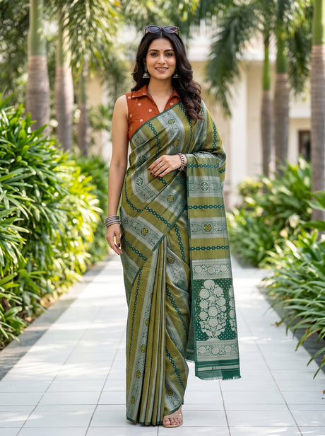MIMOSA Bottle Green Saree Saree — front view on mannequin