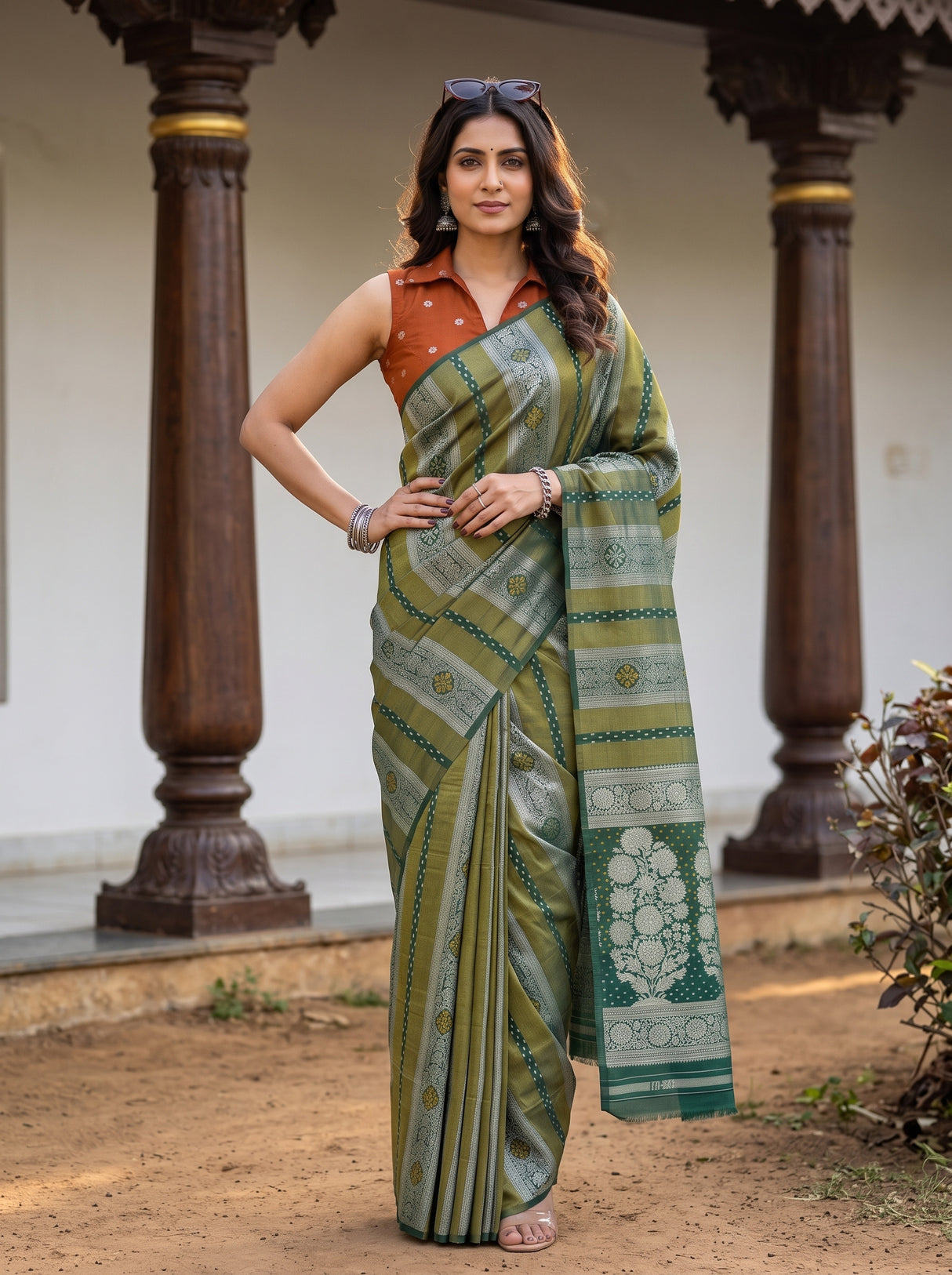 MIMOSA Bottle Green Saree Saree — pose 4 styling detail