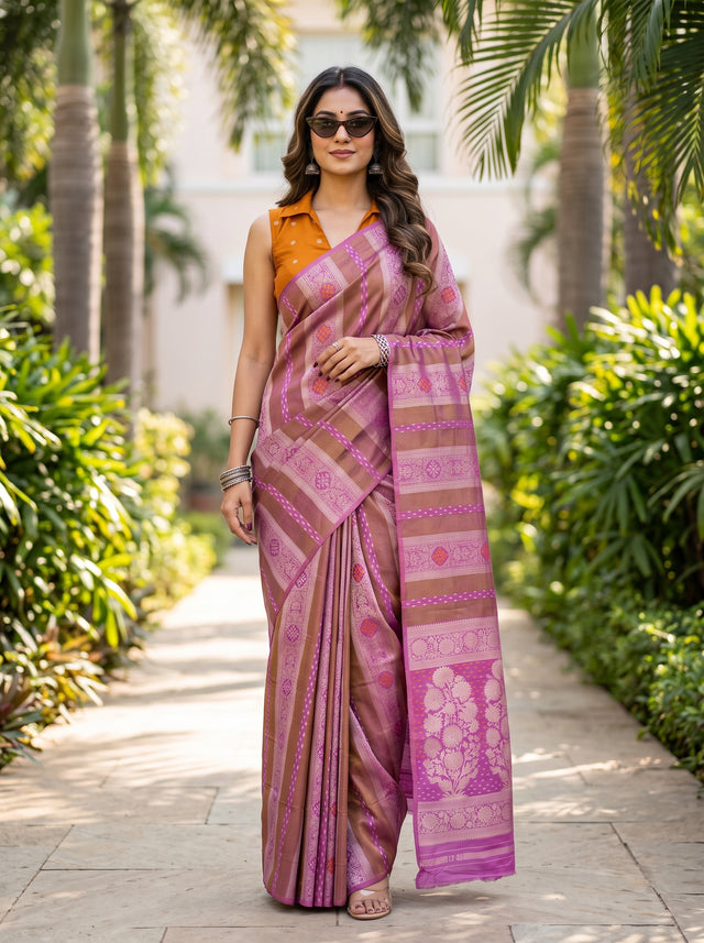 MIMOSA Pink Saree Saree — front view on mannequin