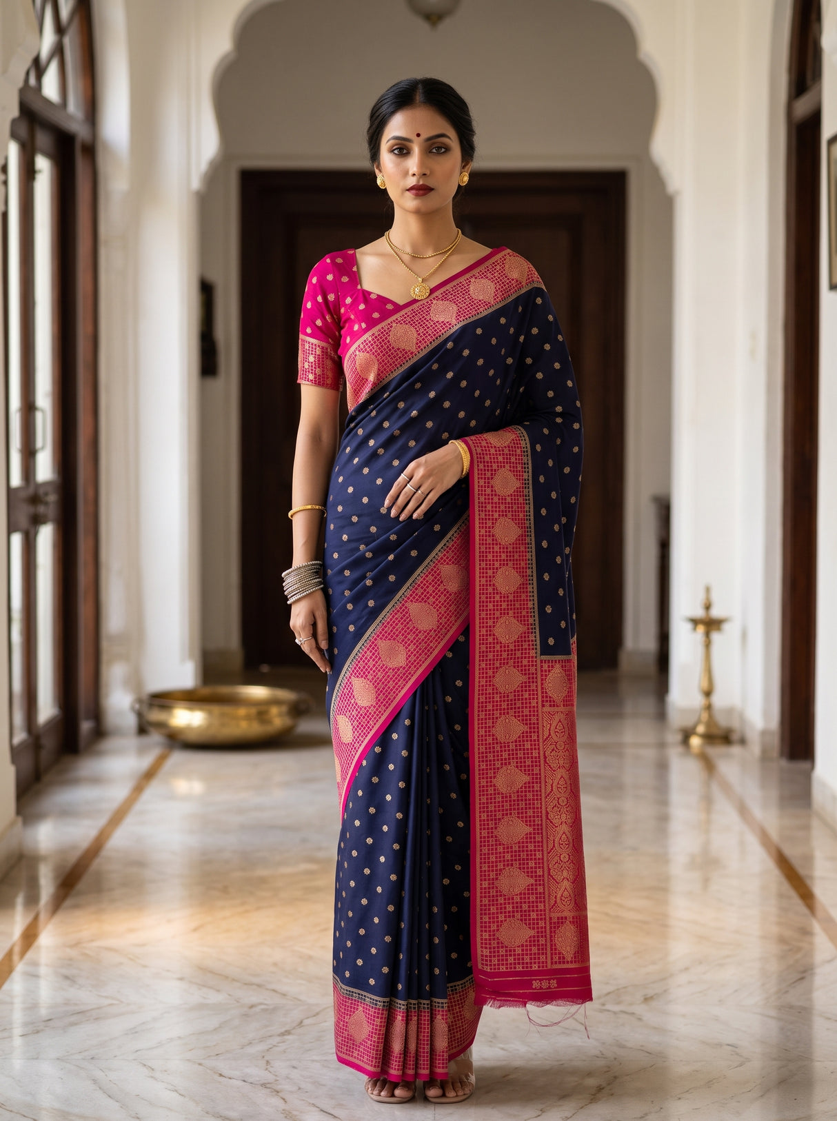 MIMOSA Navy Saree Saree — front view on mannequin