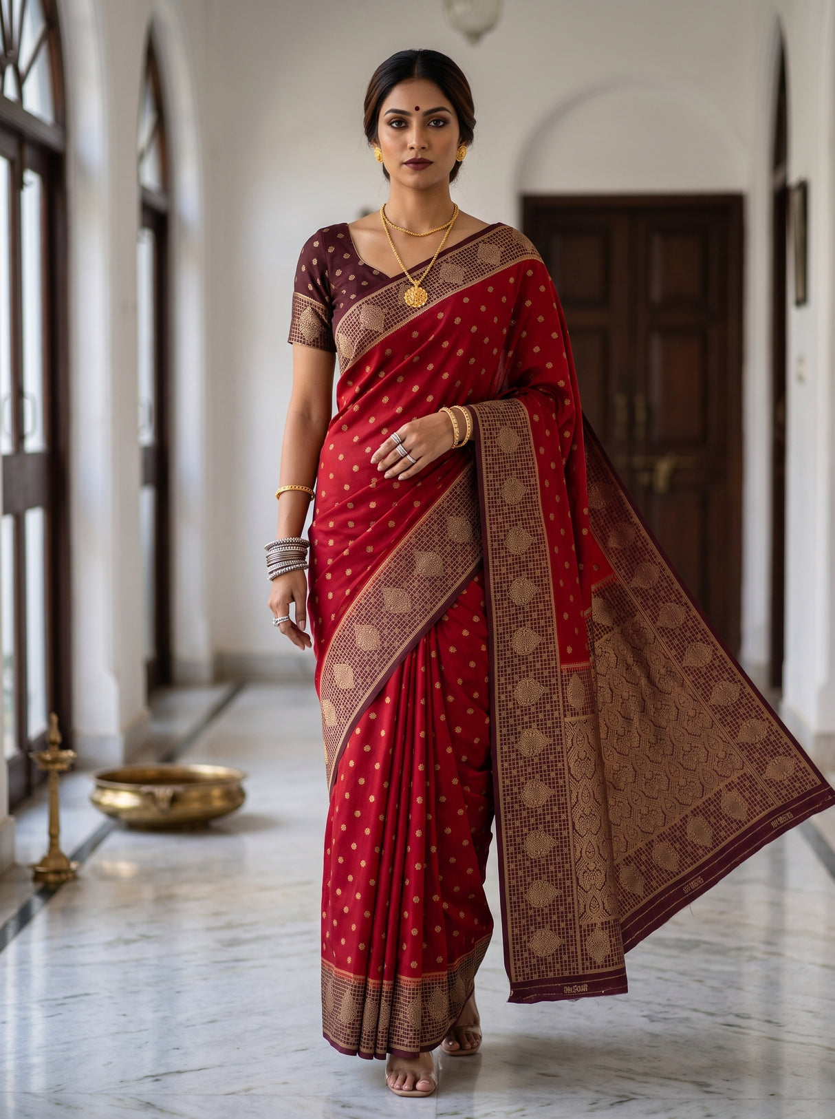MIMOSA Red Saree Saree — front view on mannequin