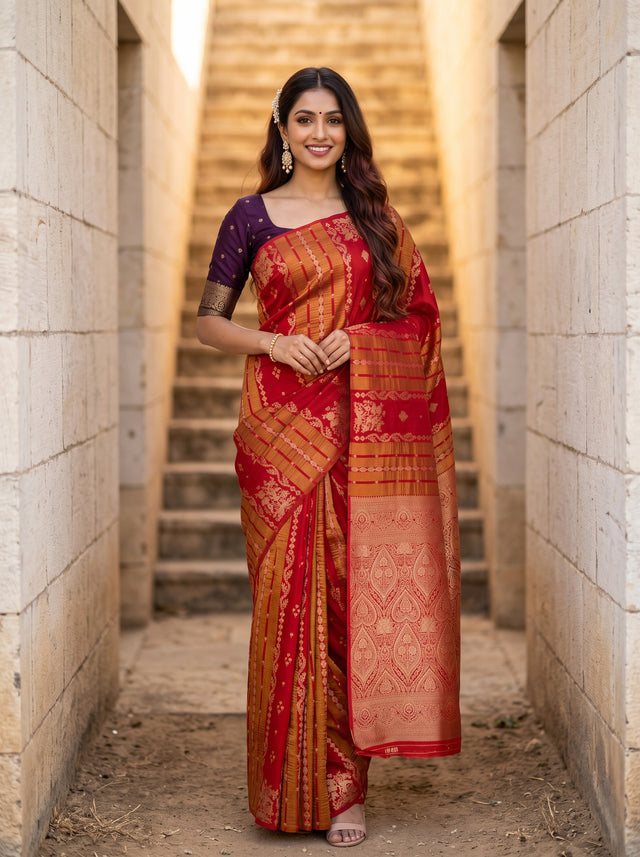 MIMOSA Orange Saree Saree — front view on mannequin