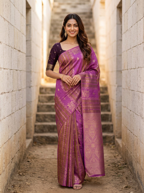 MIMOSA Pink Saree Saree — front view on mannequin
