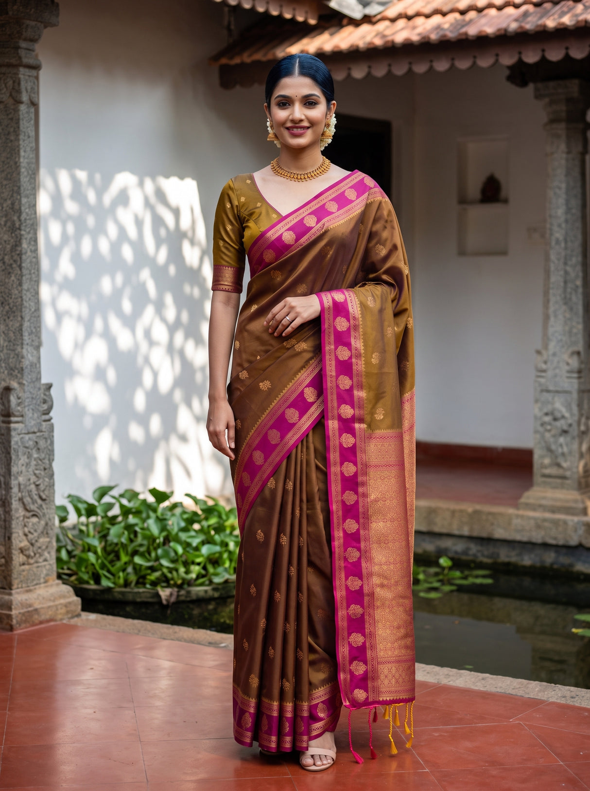 MIMOSA Chocolate Kanjivaram Art Silk Saree — Model draped