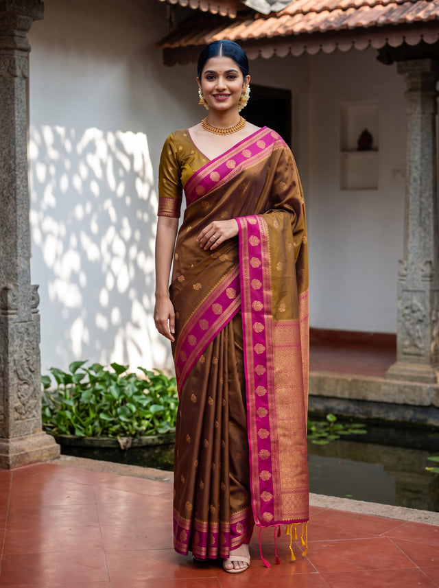 MIMOSA Chocolate Kanjivaram Art Silk Saree — Model draped