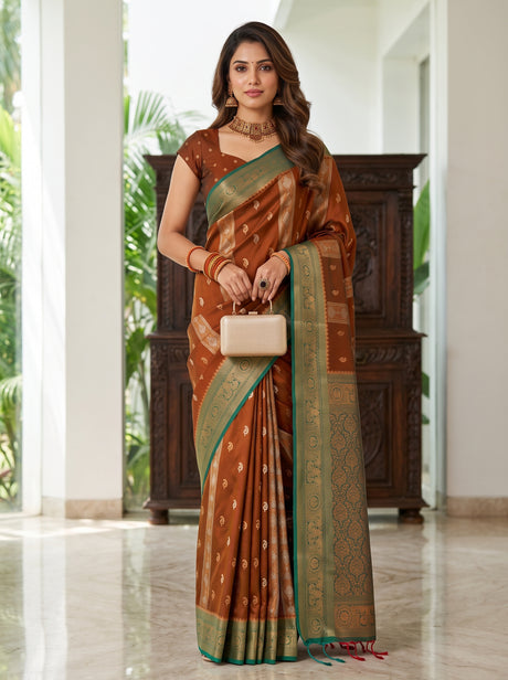 MIMOSA Brown Saree Saree — front view on mannequin