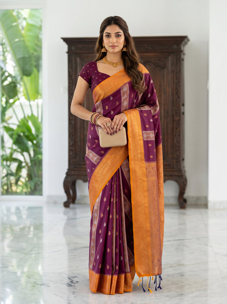 MIMOSA Wine Saree Saree — front view on mannequin