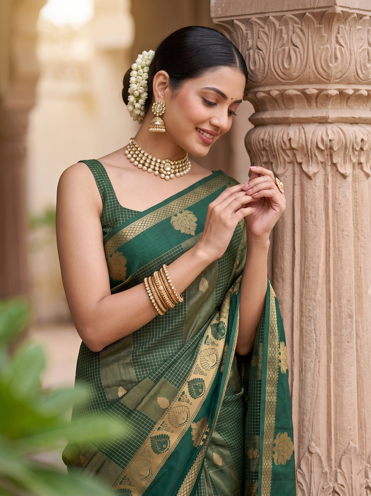 MIMOSA Bottle Green Saree Saree — pose 10 styling detail