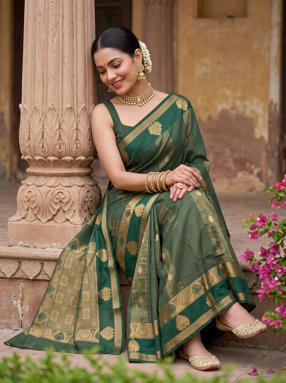 MIMOSA Bottle Green Saree Saree — pose 8 styling detail