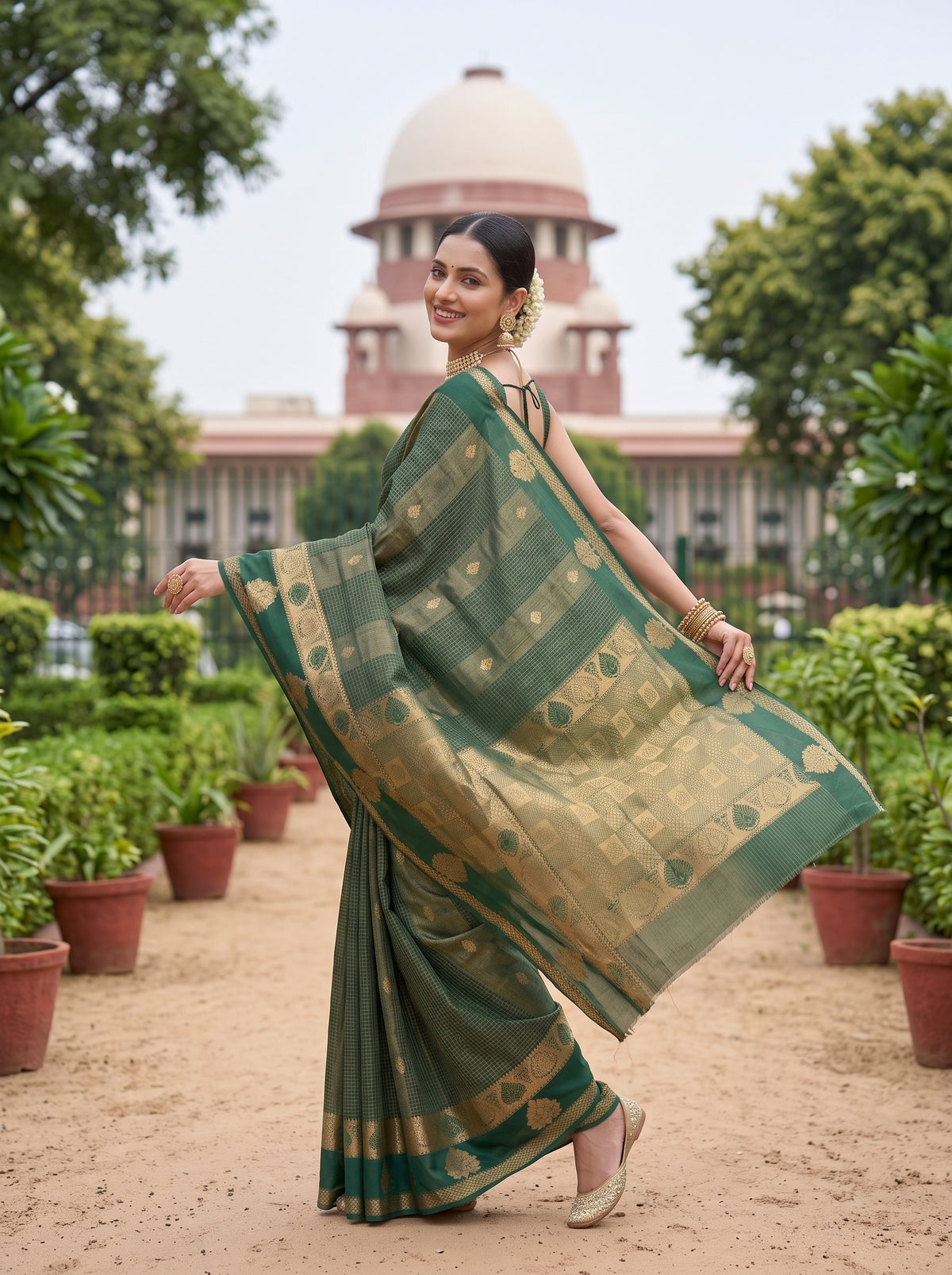 MIMOSA Bottle Green Saree Saree — pose 9 styling detail