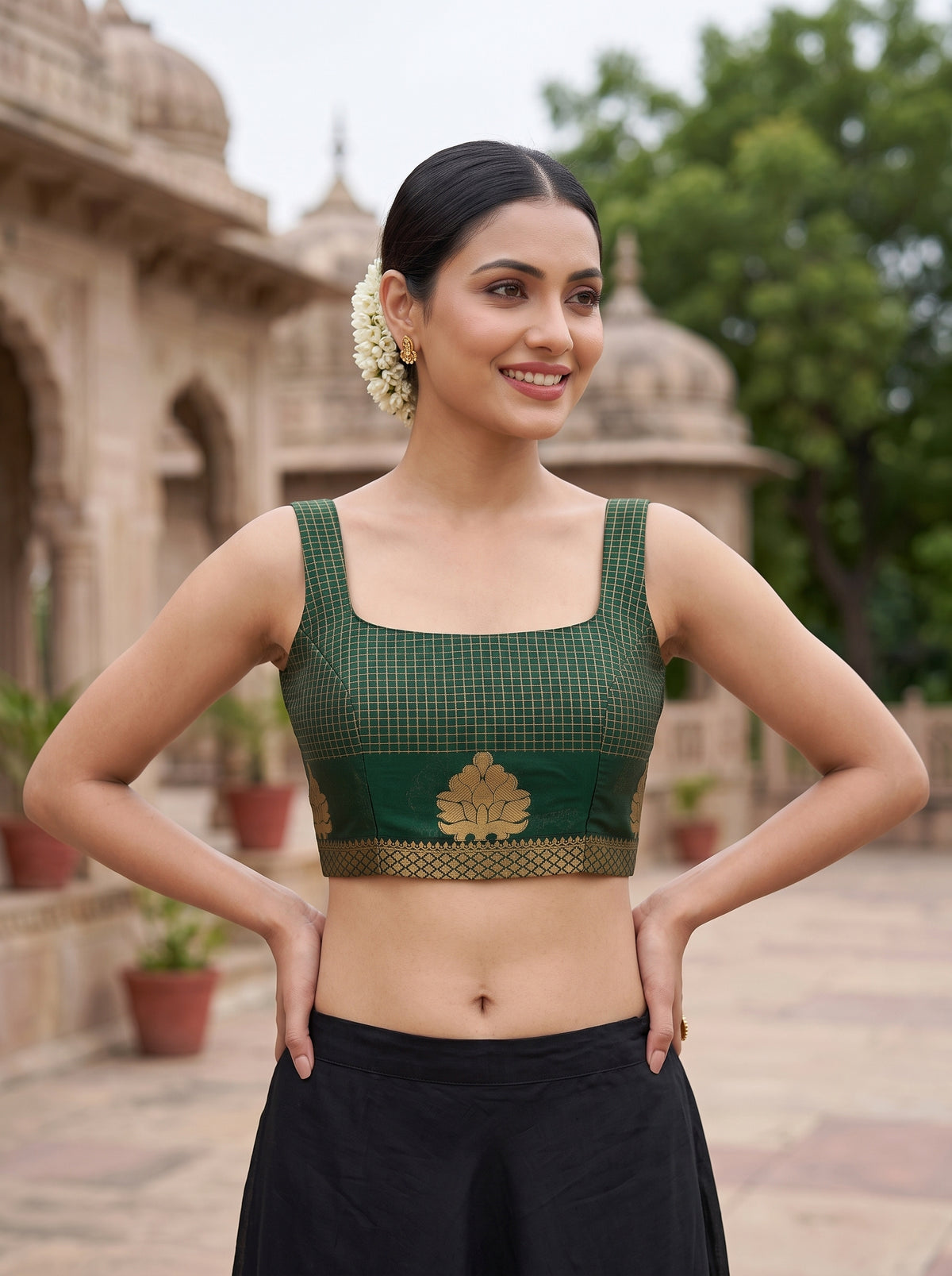 MIMOSA Bottle Green Saree Saree — blouse close-up