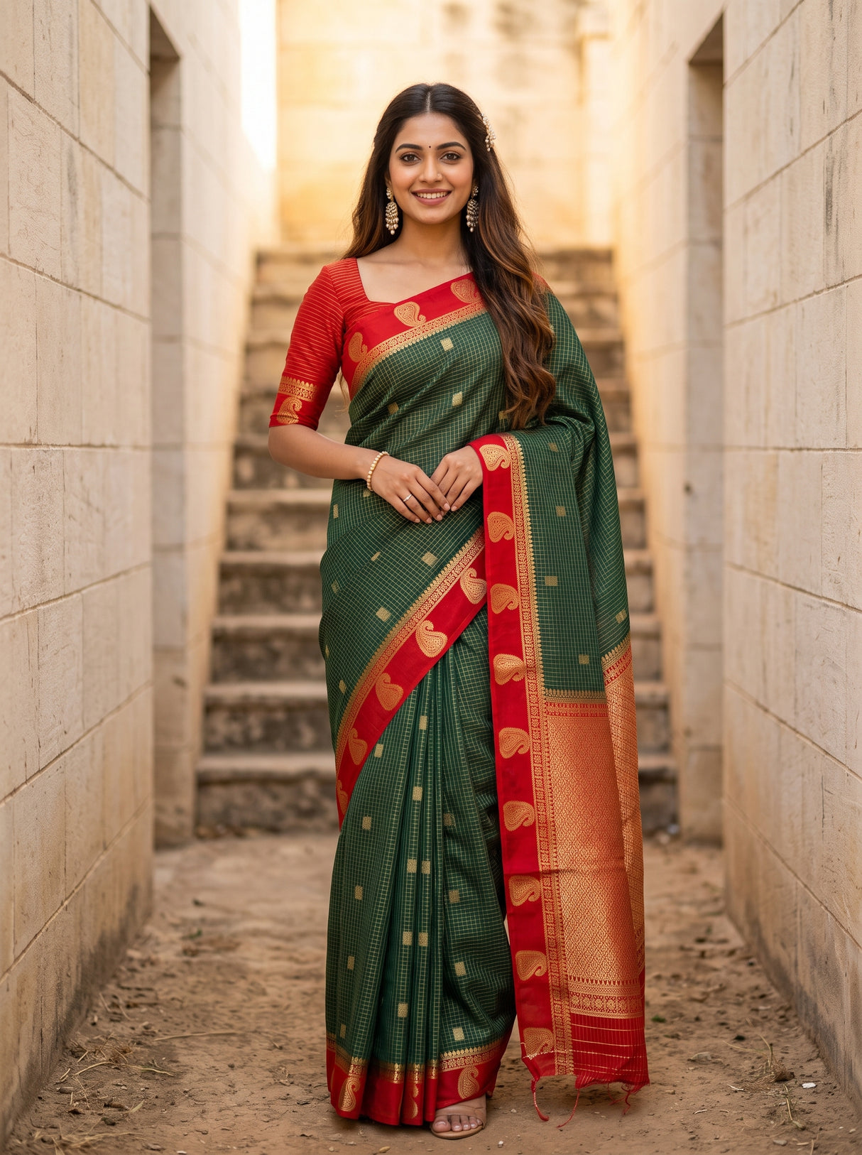 MIMOSA Bottle Green Saree Saree — front view on mannequin