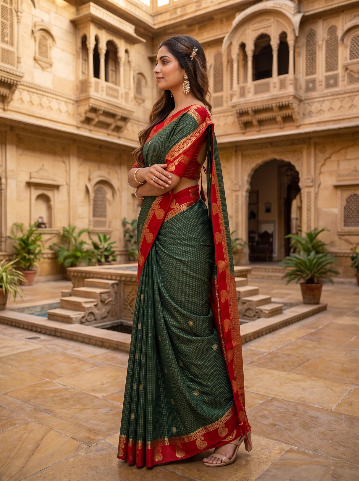 MIMOSA Bottle Green Saree Saree — pose 3 styling detail