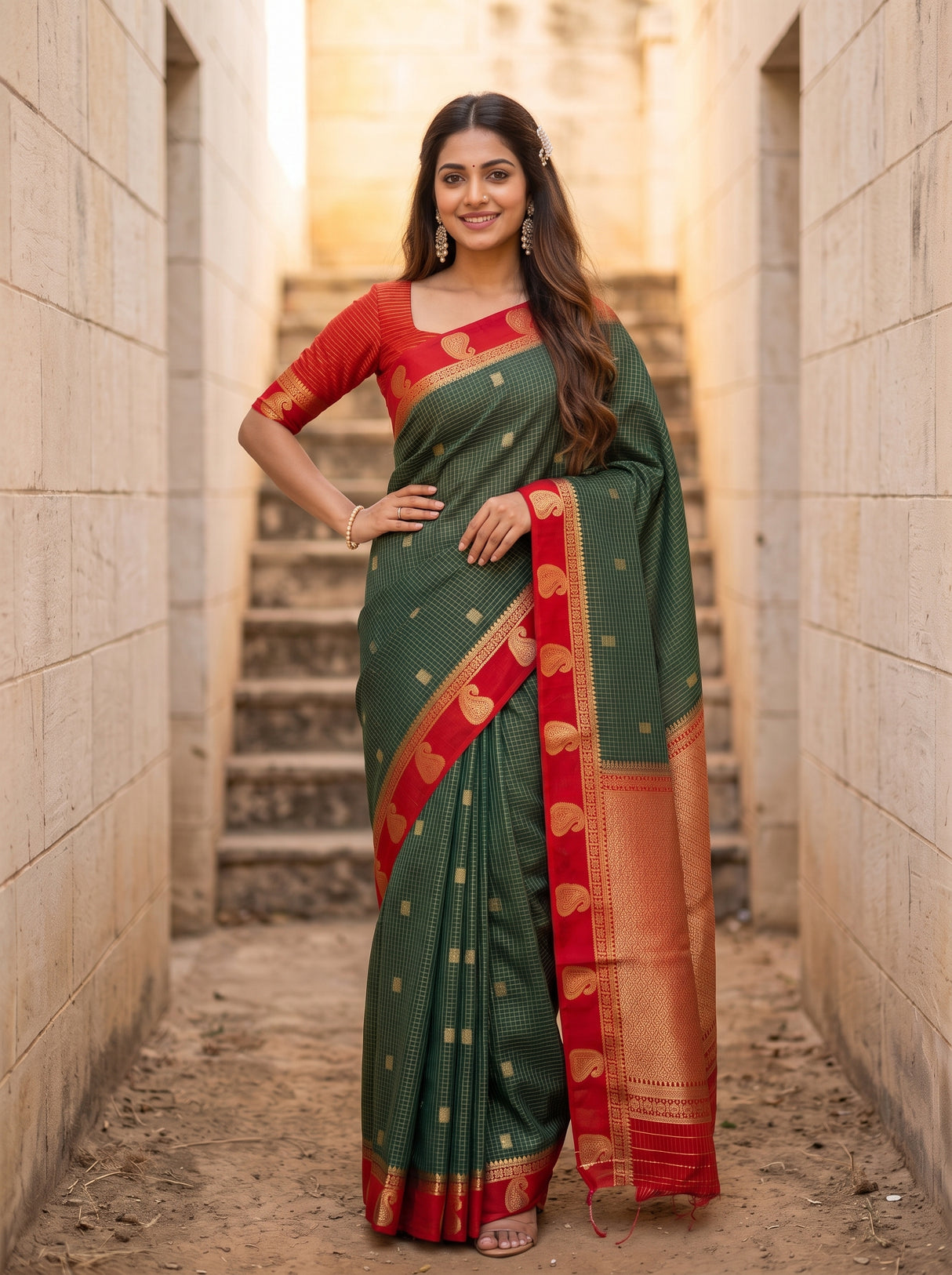 MIMOSA Bottle Green Saree Saree — pose 4 styling detail