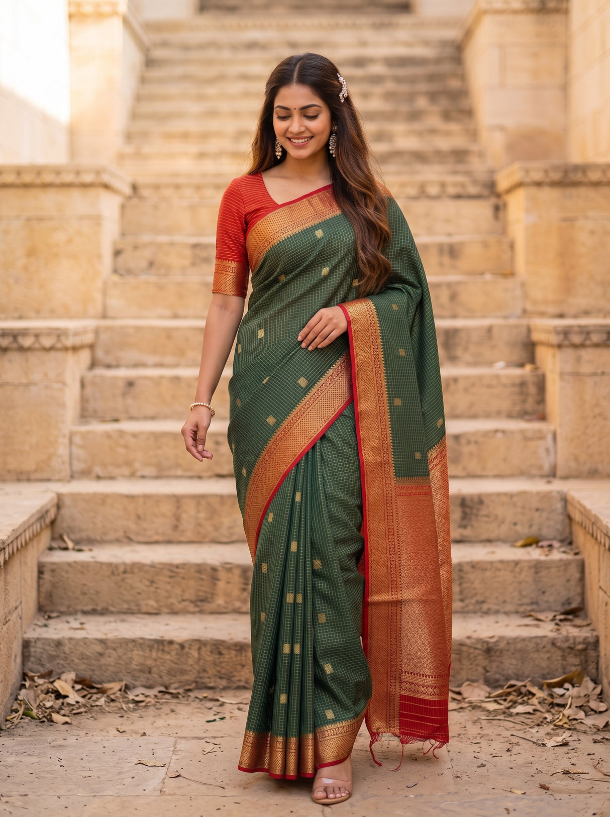 MIMOSA Bottle Green Saree Saree — pose 6 styling detail