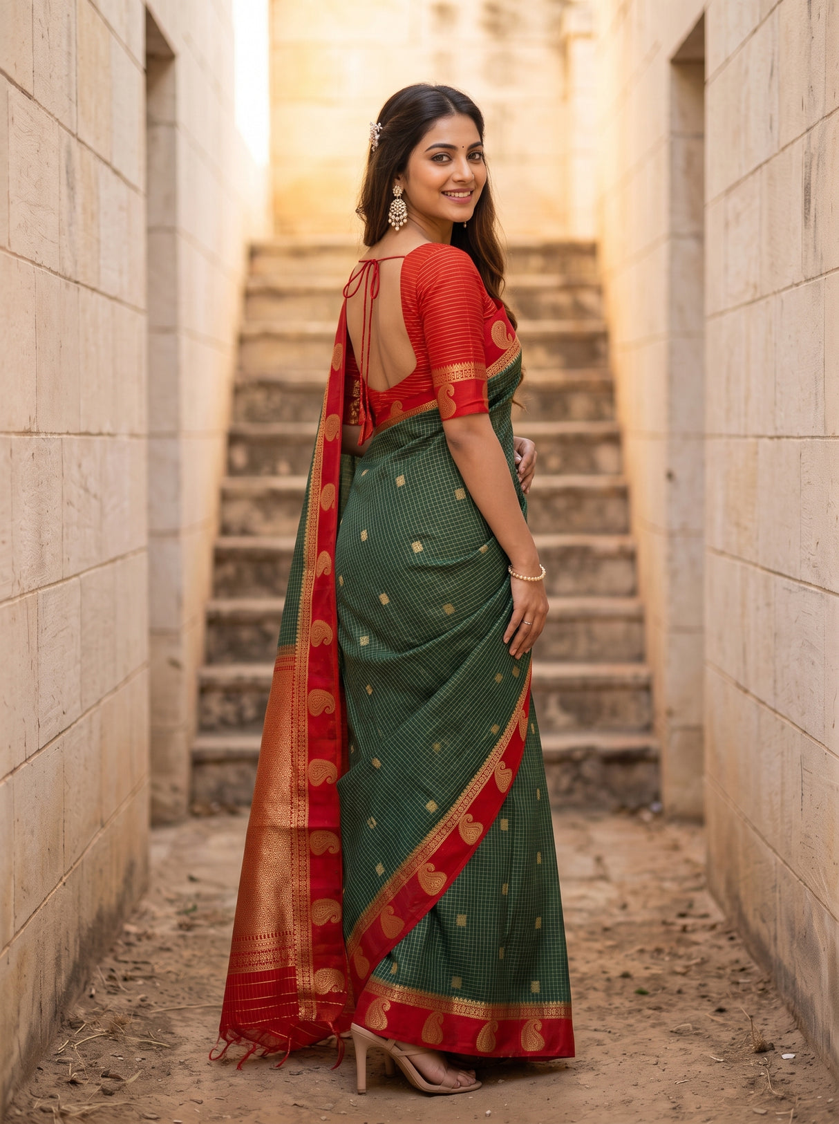 MIMOSA Bottle Green Saree Saree — pose 7 styling detail