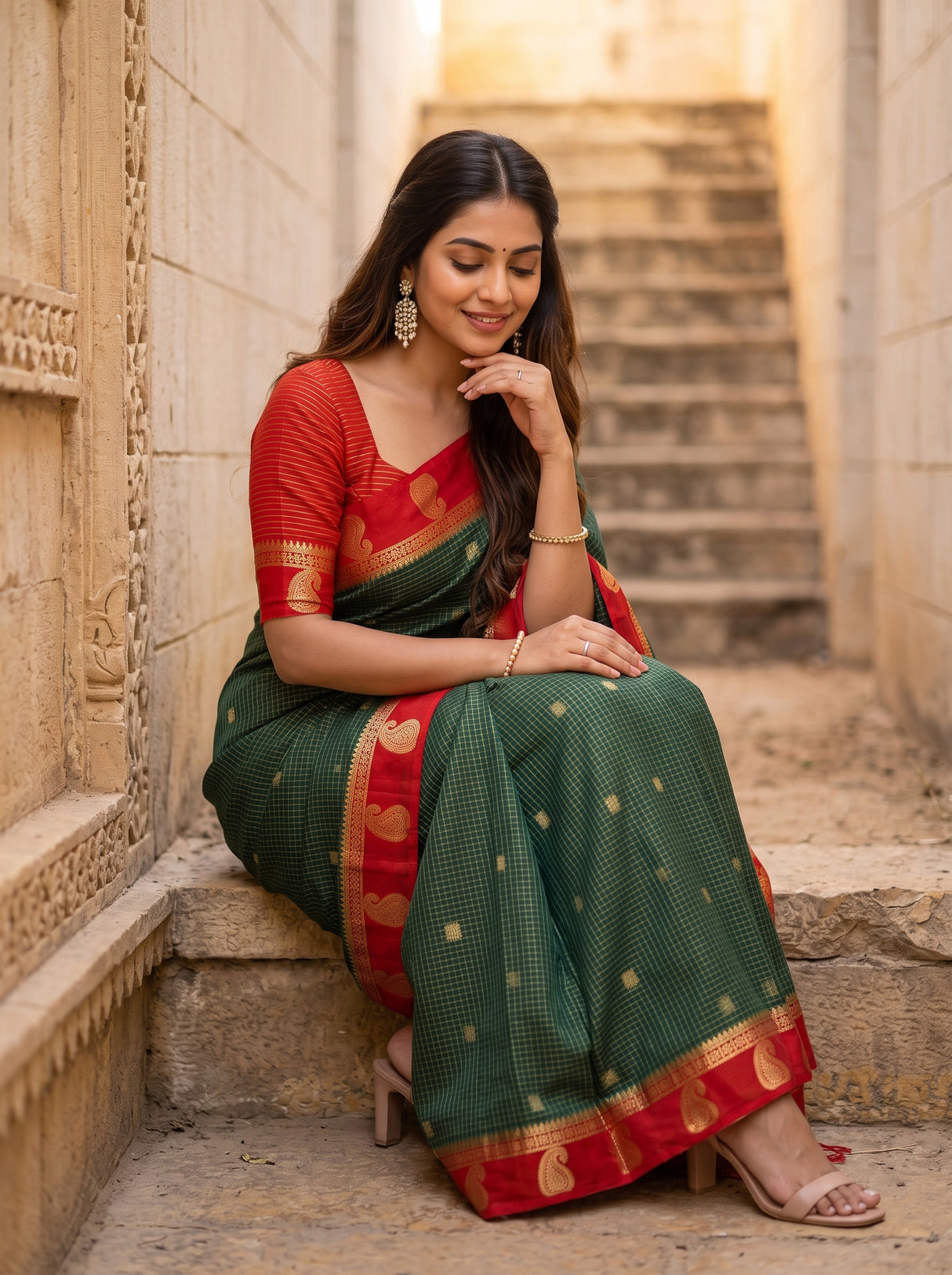 MIMOSA Bottle Green Saree Saree — pose 8 styling detail