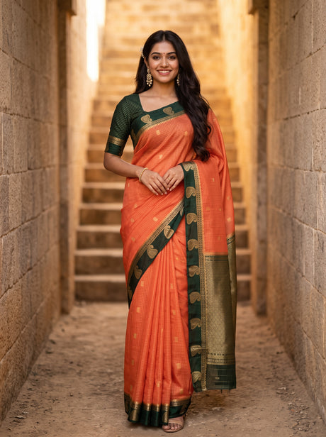 MIMOSA Peach Saree Saree — front view on mannequin