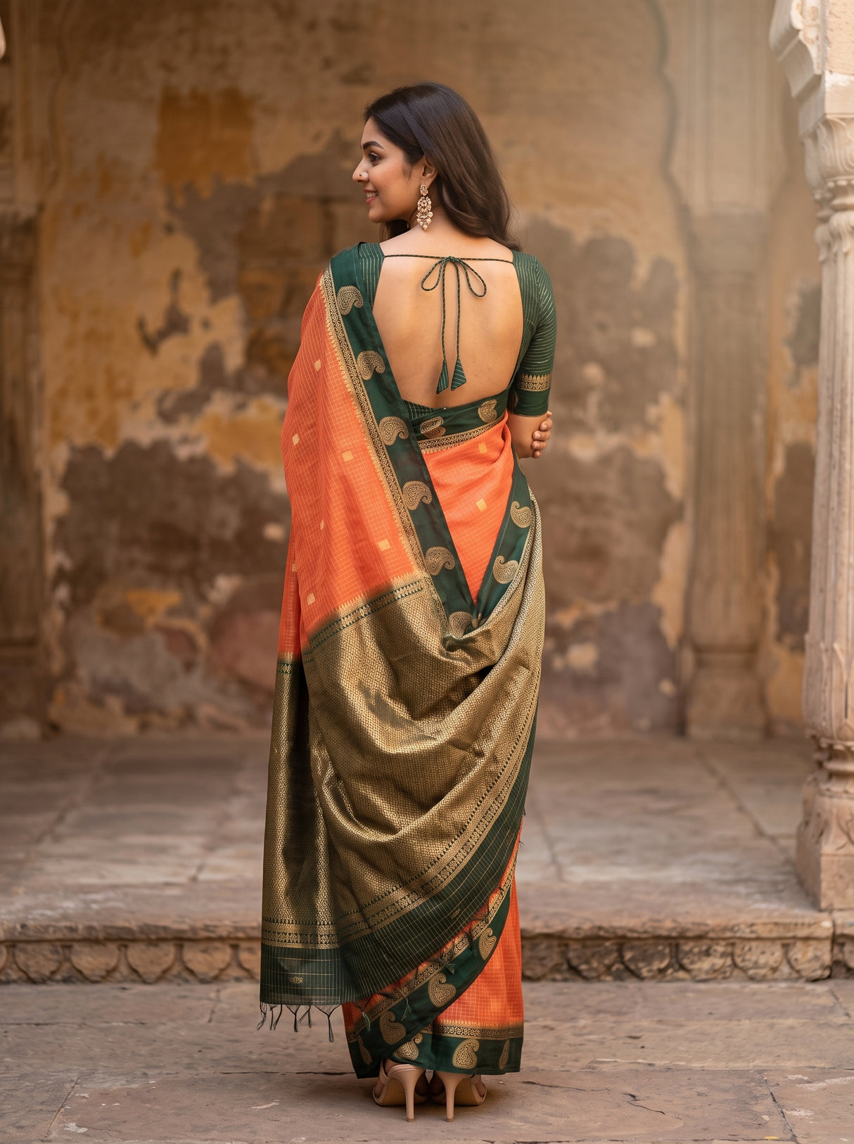 MIMOSA Peach Saree Saree — pose 2 styling detail
