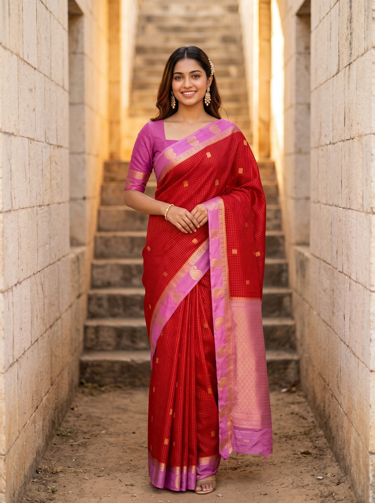MIMOSA Red Saree Saree — front view on mannequin