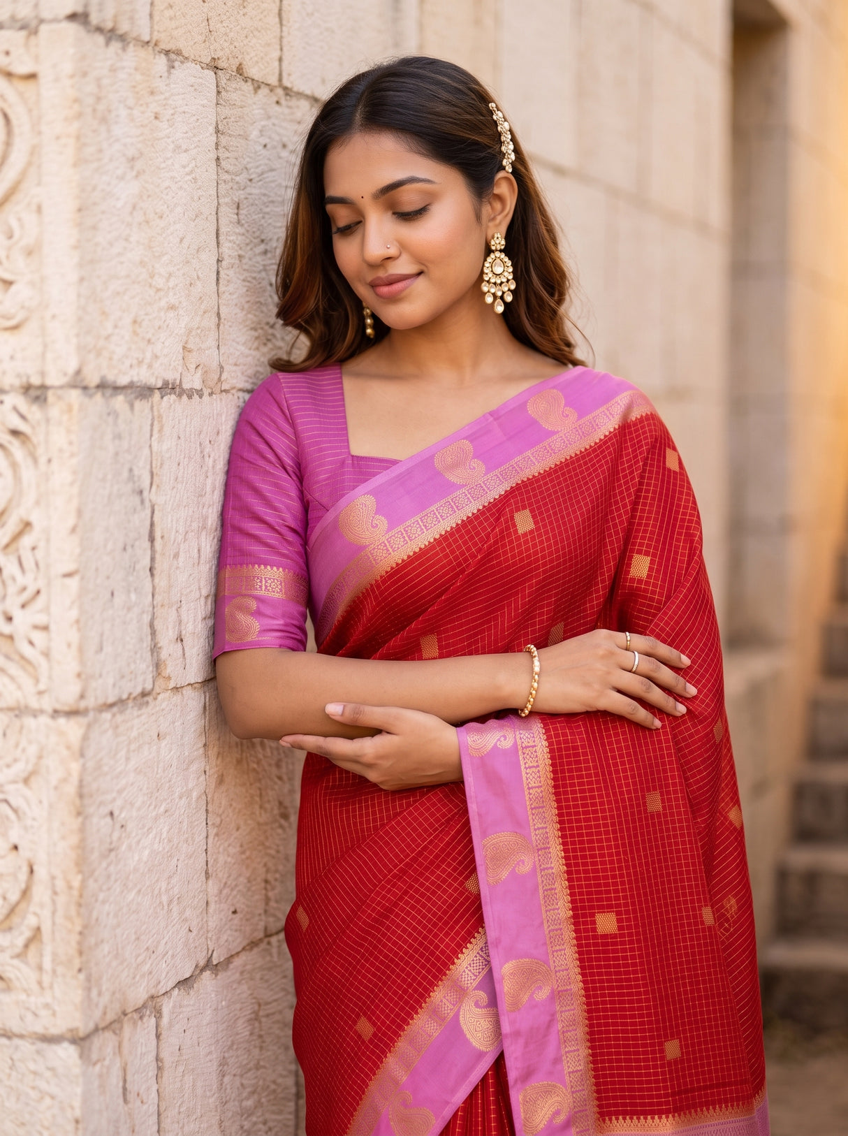 MIMOSA Red Saree Saree — pose 10 styling detail