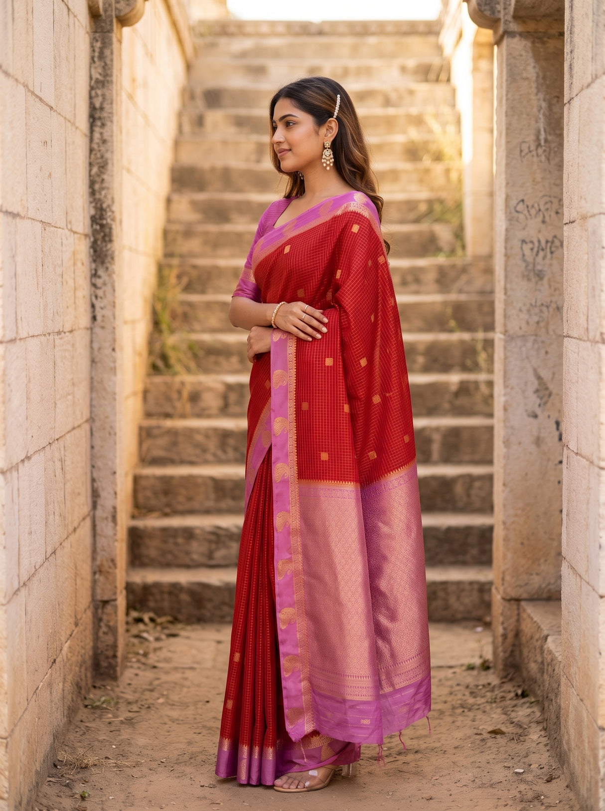MIMOSA Red Saree Saree — pose 3 styling detail