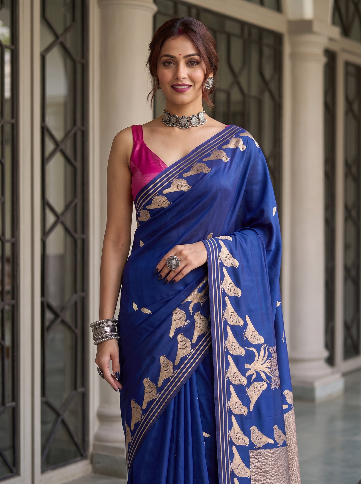 MIMOSA Navy Mysore Silk crepe Saree — pose 10 styling detail
