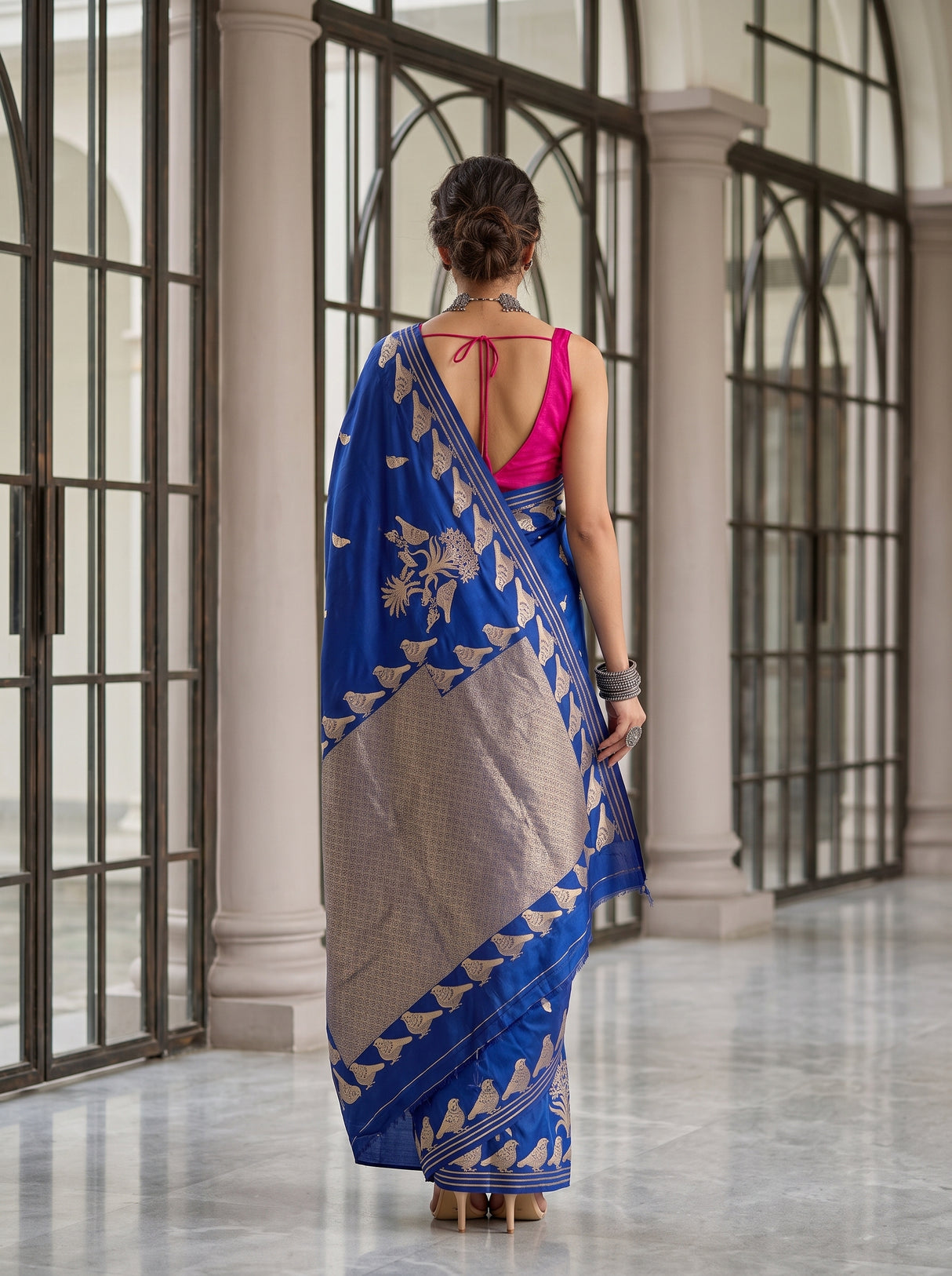 MIMOSA Navy Mysore Silk crepe Saree — Pallu and body detail