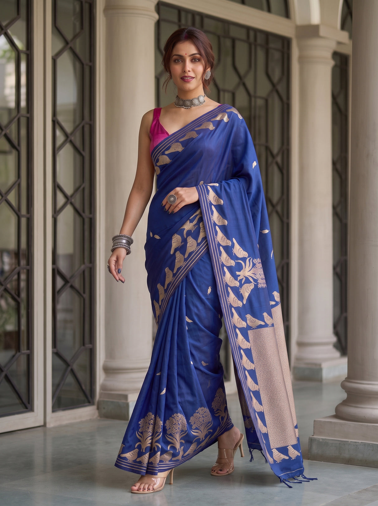 MIMOSA Navy Mysore Silk crepe Saree — pose 6 styling detail