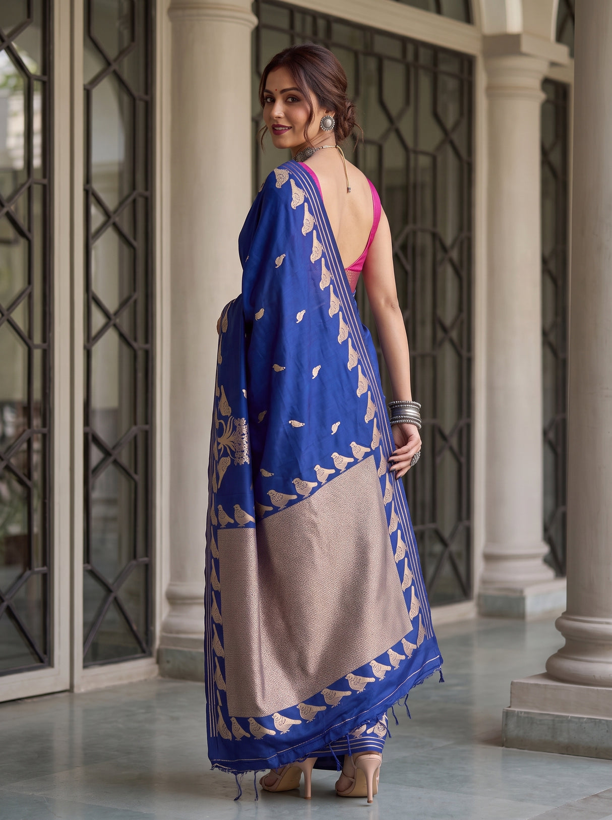 MIMOSA Navy Mysore Silk crepe Saree — pose 7 styling detail